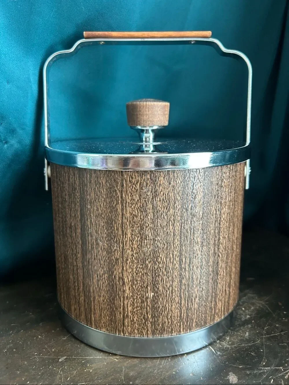 Mid-Century Atapco USA Chrome Woodgrain Ice Bucket